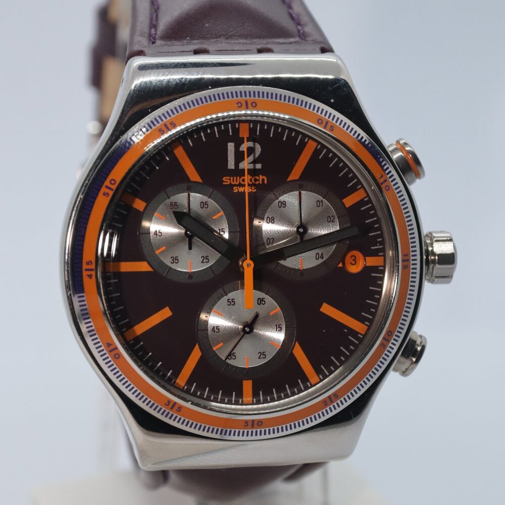 NEW Swatch Irony PRISONER Chronograph Dark Purple Leather Men's Watch YVS413 43M